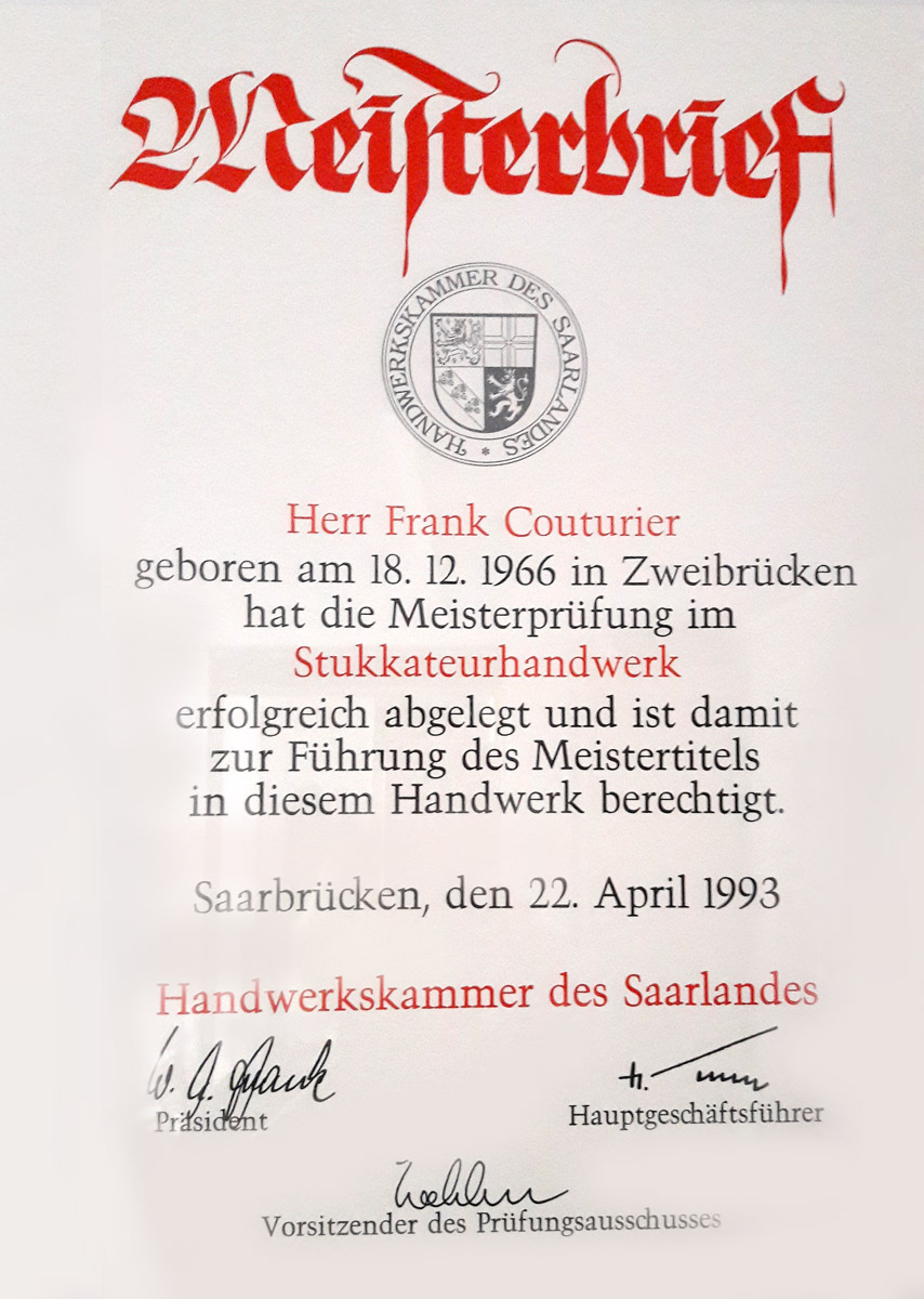 Meisterbrief Frank Couturier, Stukkateurhandwerk, Saarbrücken 22. April 1993