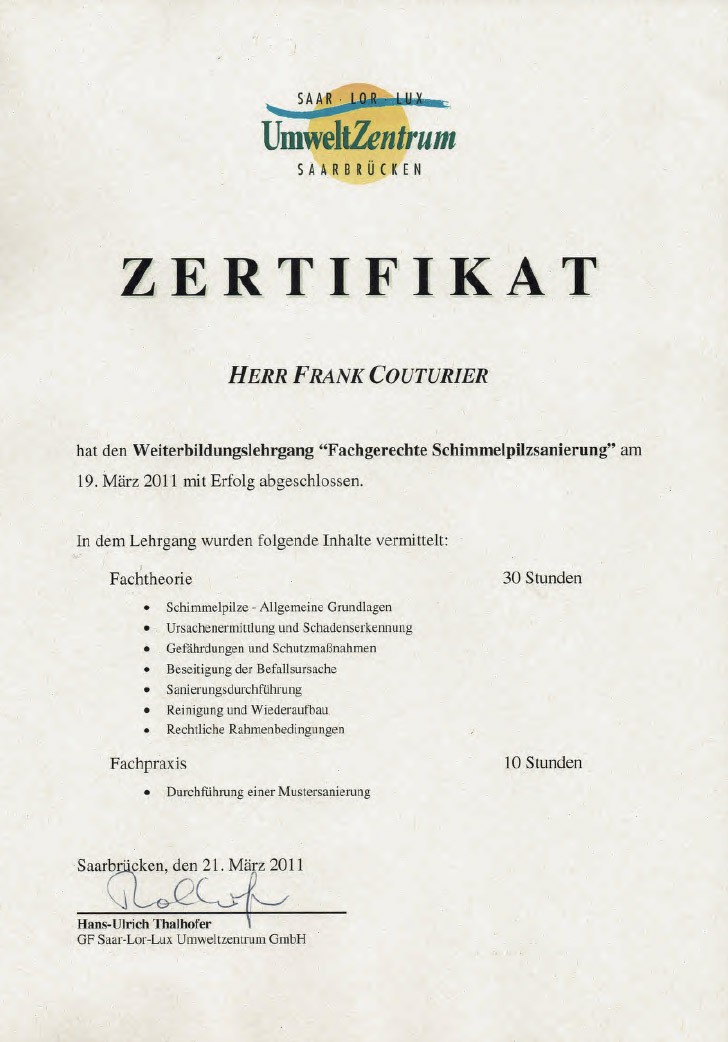 Zertifikat Fachgerechte Schimmelpilzsanierung – Herr Frank Couturier